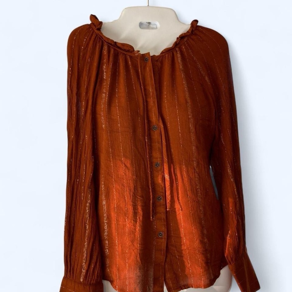 Rust Shimmering Striped Blouse A New Approach w ruffle neck & button up front XS